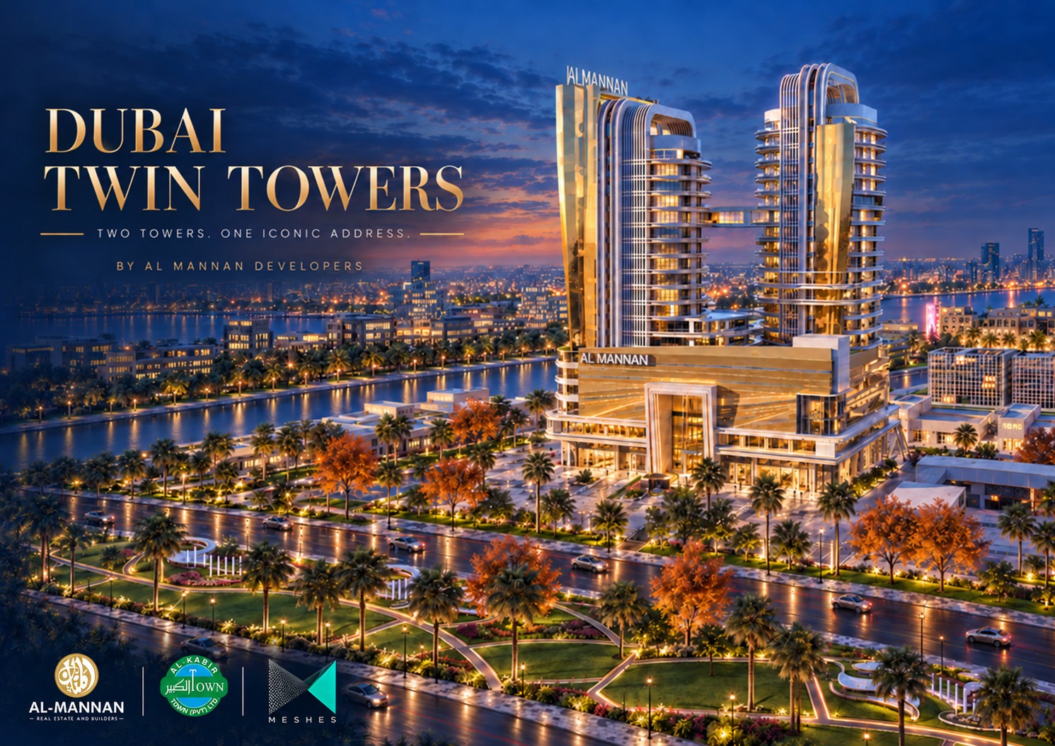 Complete Dubai Twin Towers architectural rendering by Al Mannan Developers