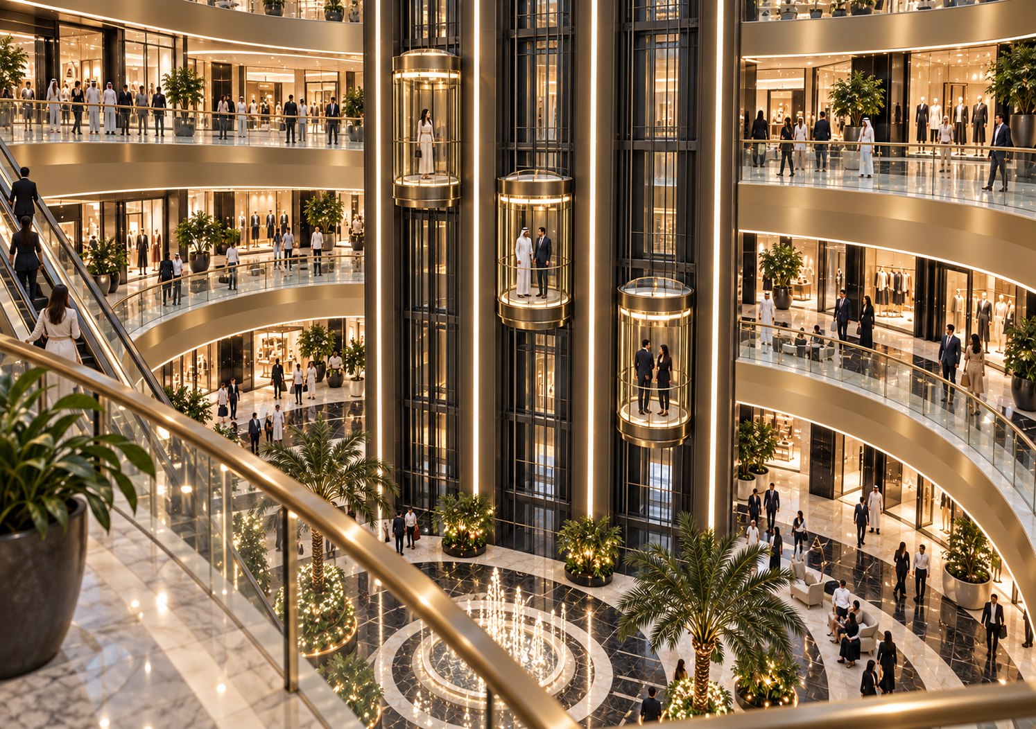 Multi-level retail atrium with glass elevators