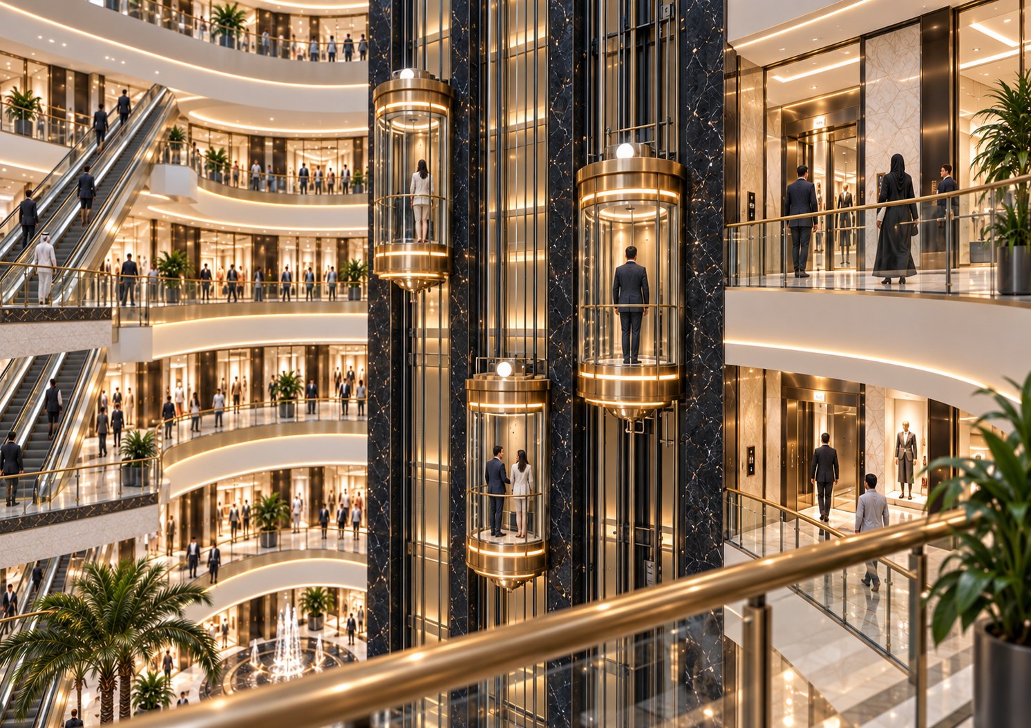 Marble and gold details in the arrival lobby