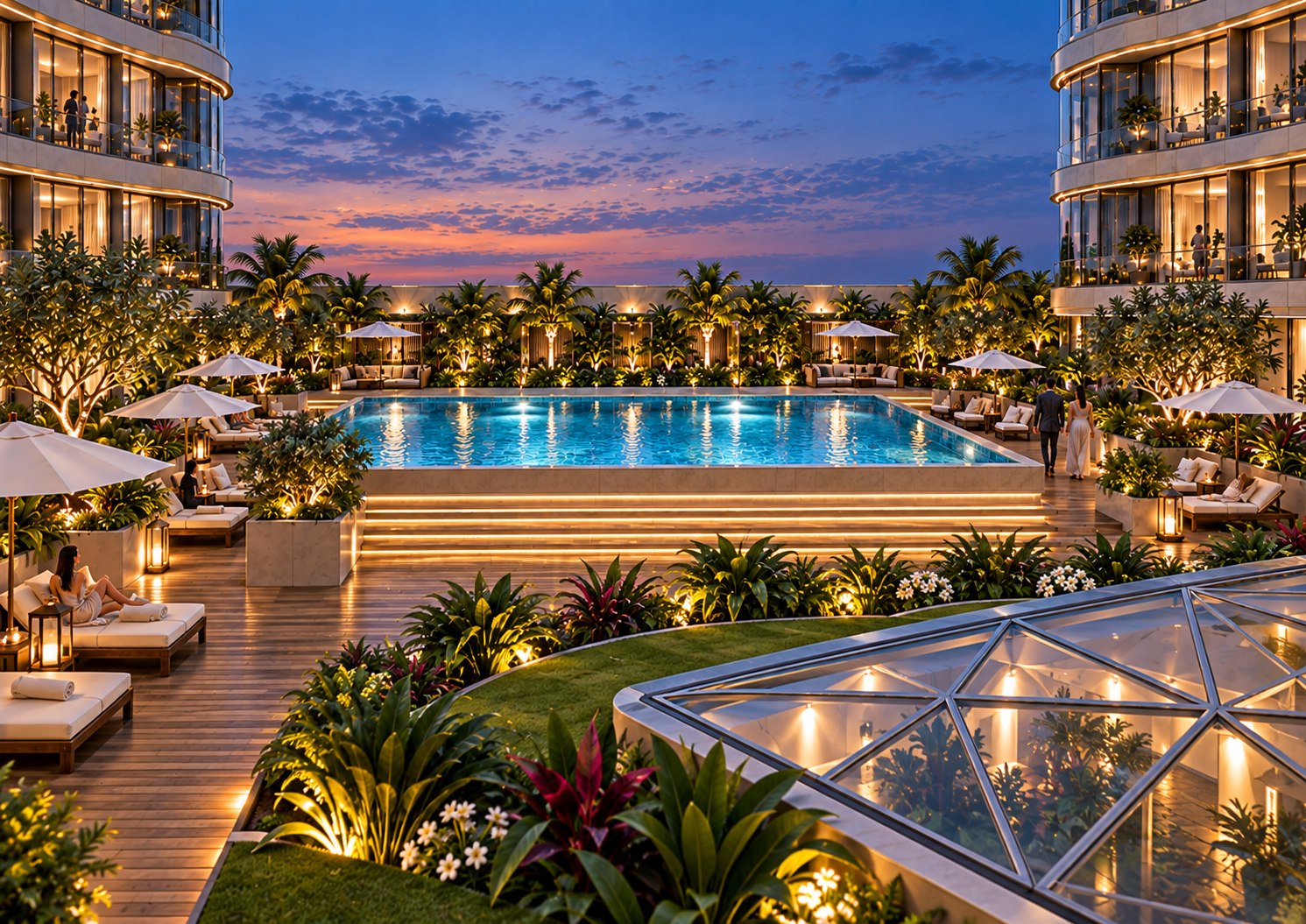 Pool terrace at sunset