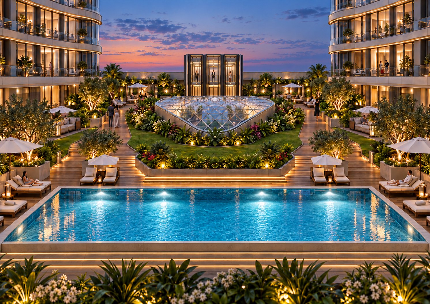 Dubai Twin Towers pool and landscaped terrace
