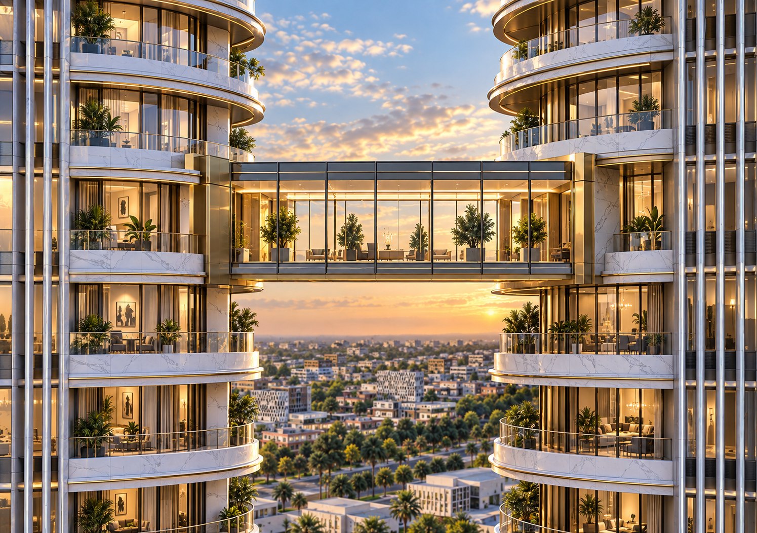 The connecting sky bridge between Dubai Twin Towers residences at sunset