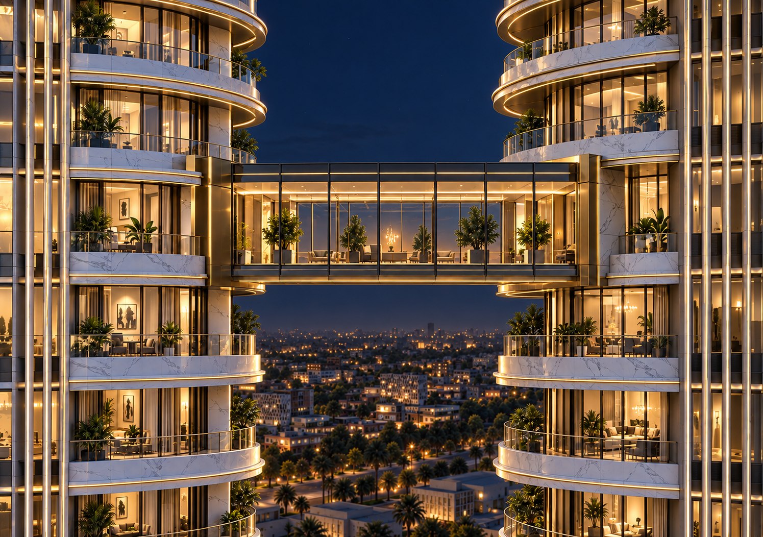 The towers illuminated after dark